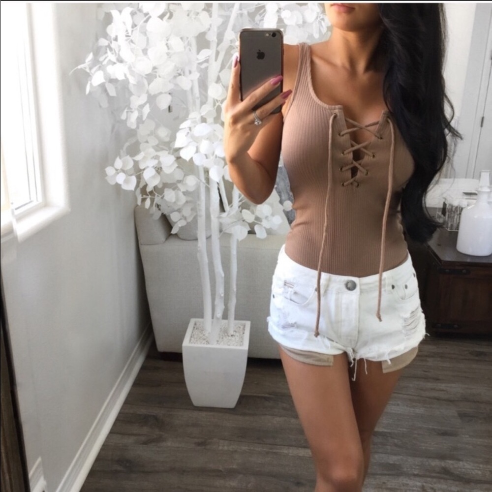 SAMARA Tan Lace Up Bodysuit